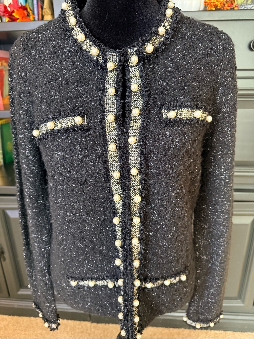 White House Black Market chic designer inspired black jacket pearl accent preppy